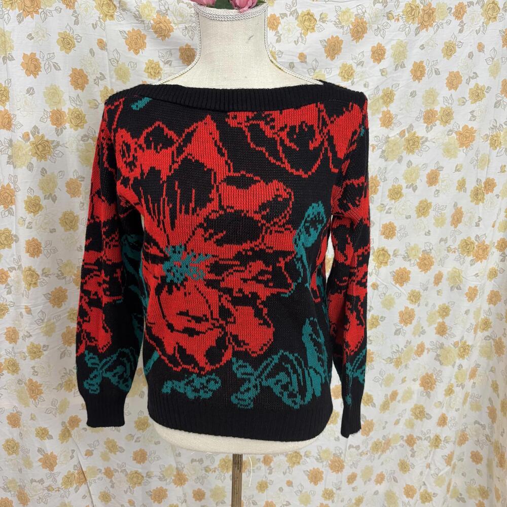 Vtg 80s boat neck knit floral sweater